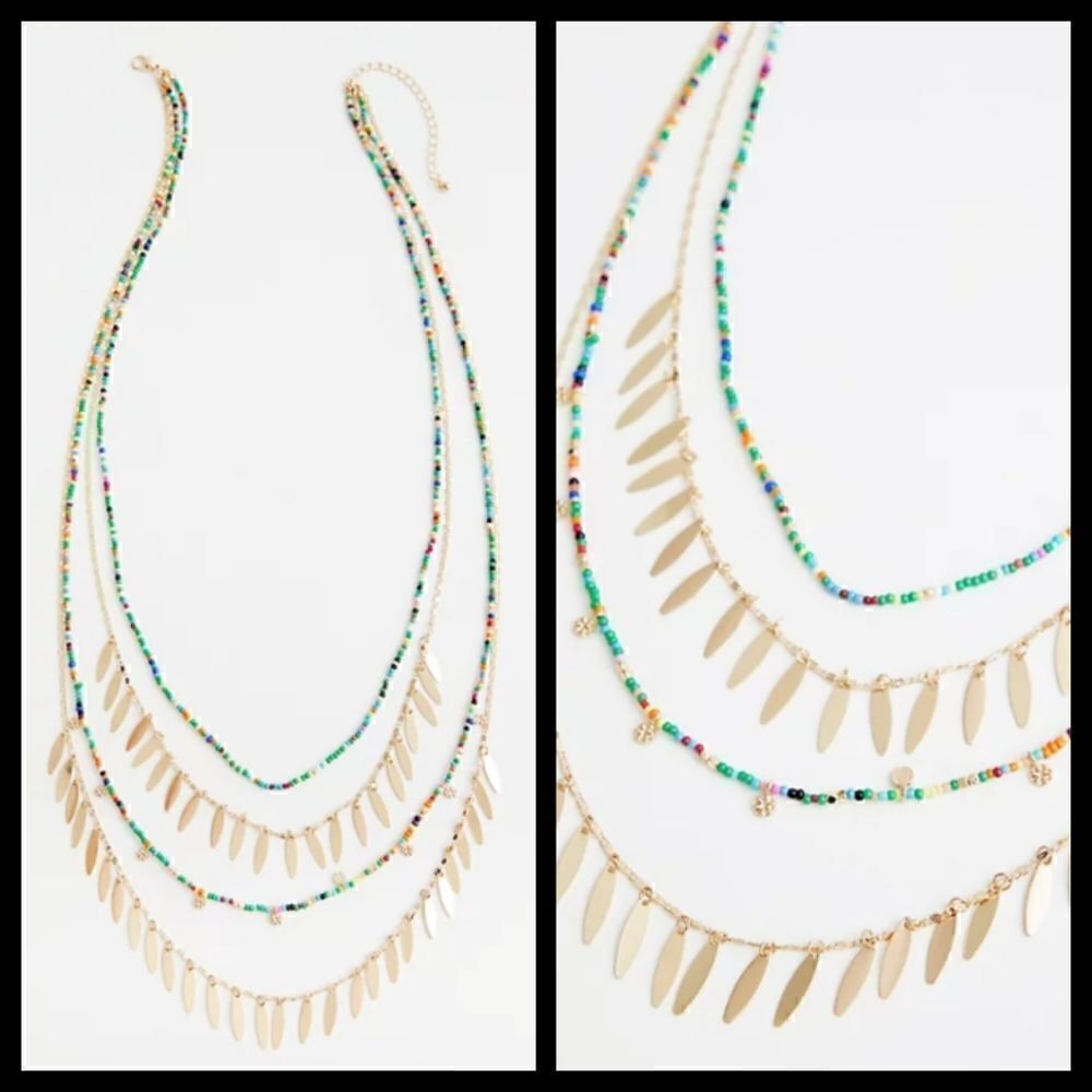 Gold Tone Leaf Necklace Layered Boho Beaded 24- 30in Length Torrid Plussize NWT